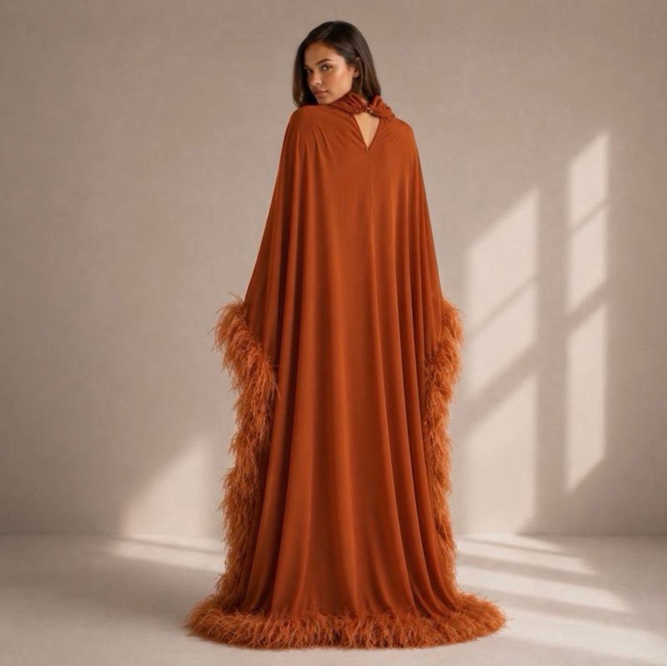 Rust Feather Maxi Kaftan Dress