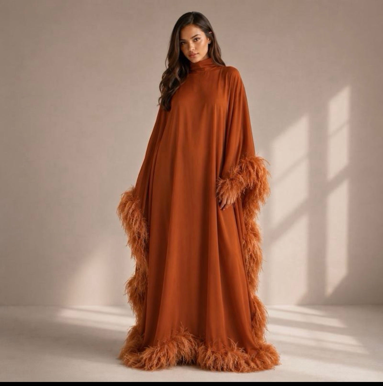 Rust Feather Maxi Kaftan Dress