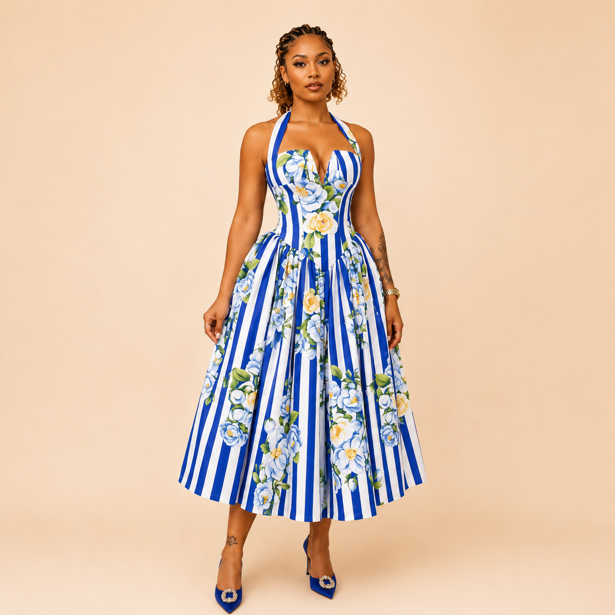 Santorini Bloom Halter Midi Dress